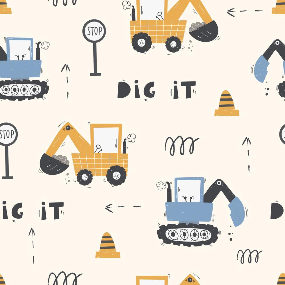 Cute children's seamless pattern with trucks and diggers in Scandinavian style on a white background. Building equipment. Funny construction transport vector