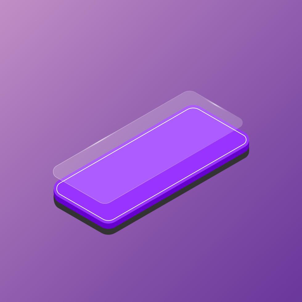 Smartphone with floating screen. Vector isometric illustration isolated on purple background