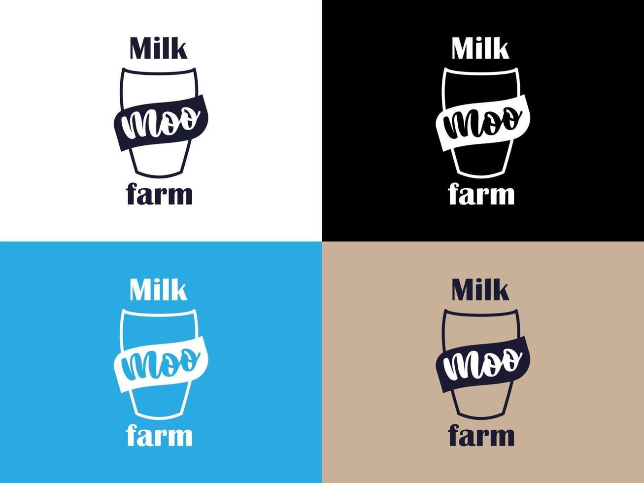 Logo for a dairy farm called MOO, options on white, black and colored backgrounds vector