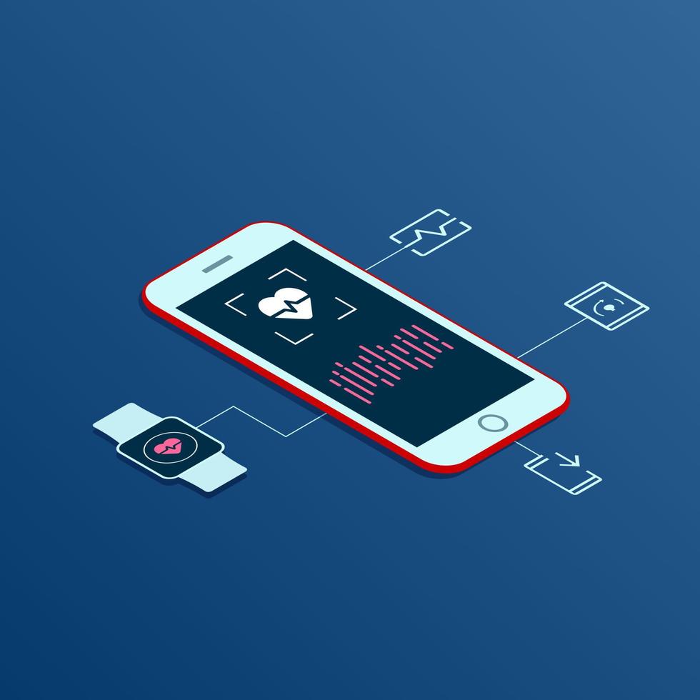 Modern mobile phone with icons Monitor Heart, On Device Training, Install Mobile and Smart Watch Health Tracker. Vector illustration in isometric style