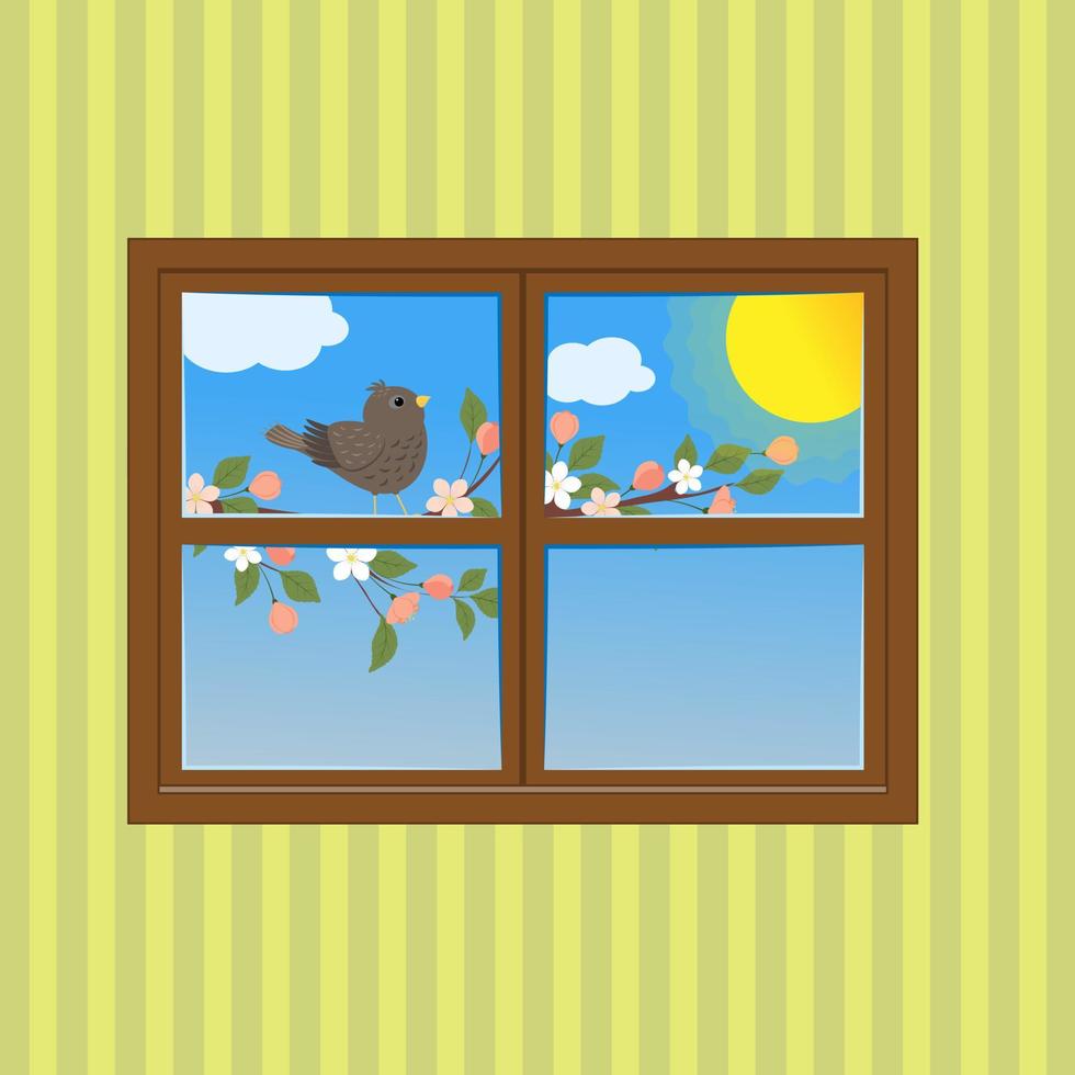 Window with a view on a clear sunny day a branch of a blossoming apple tree and a bird. Vector illustration.