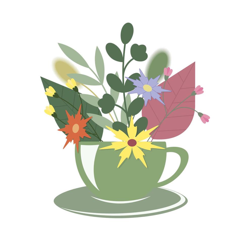 Floral bouquet with leaves, flowers, twigs in a cup. Vector illustration in a flat style