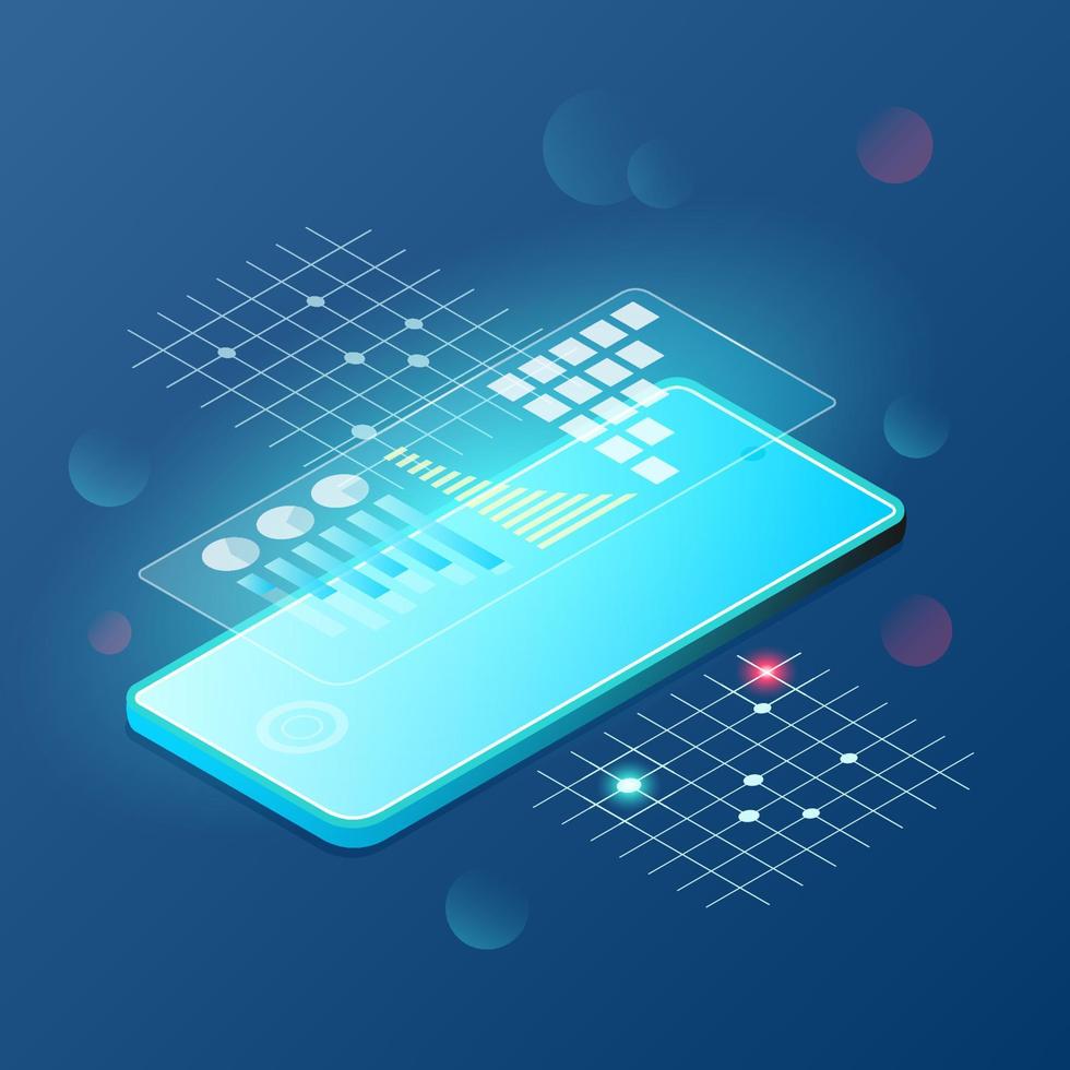 Isometric smartphone with infographic elements on a blue gradient background. 3d vector illustration in techno style