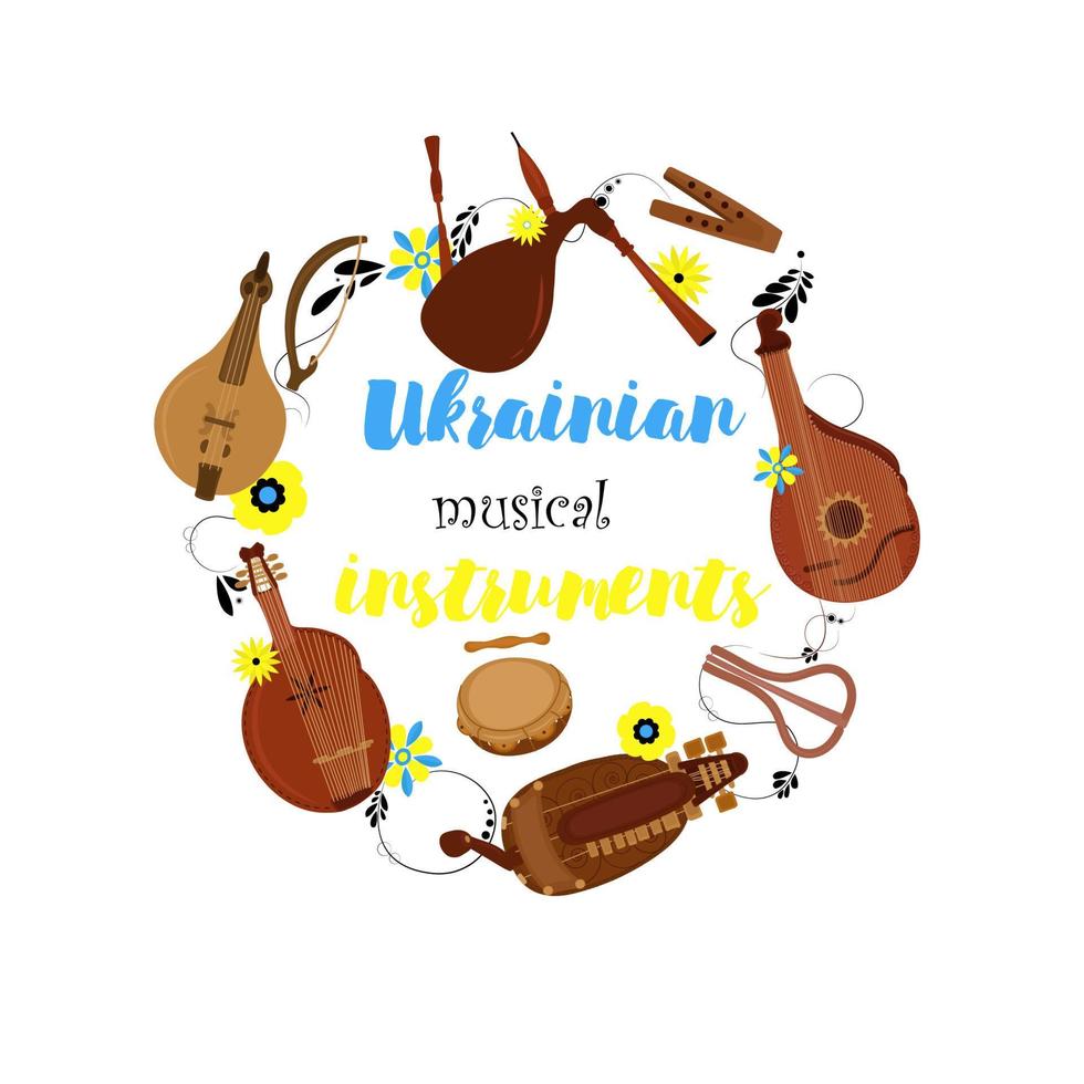 Set of hand drawn traditional Slavic, Ukrainian musical instruments. Bandur, tambourine, accordion, lyra, Cymbals, Ukrainian violin, sopilka. Vector illustration