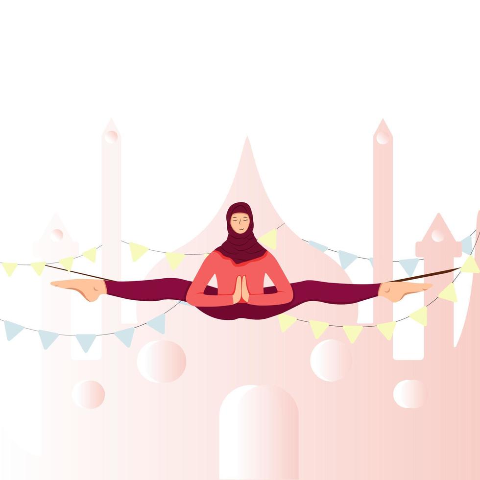 Vector illustration. Muslim woman doing slackline yoga. Sports woman demonstrates yoga position. Background abstraction