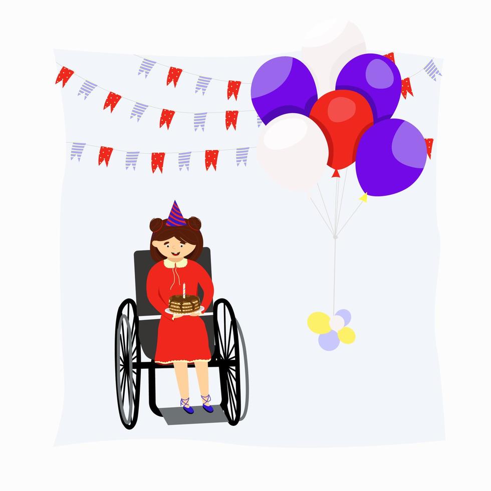 Birthday of a child with disabilities. The child holds a cake with a candle in his hands. The girl is happy. Disabled carriage. Bright balls. vector illustration