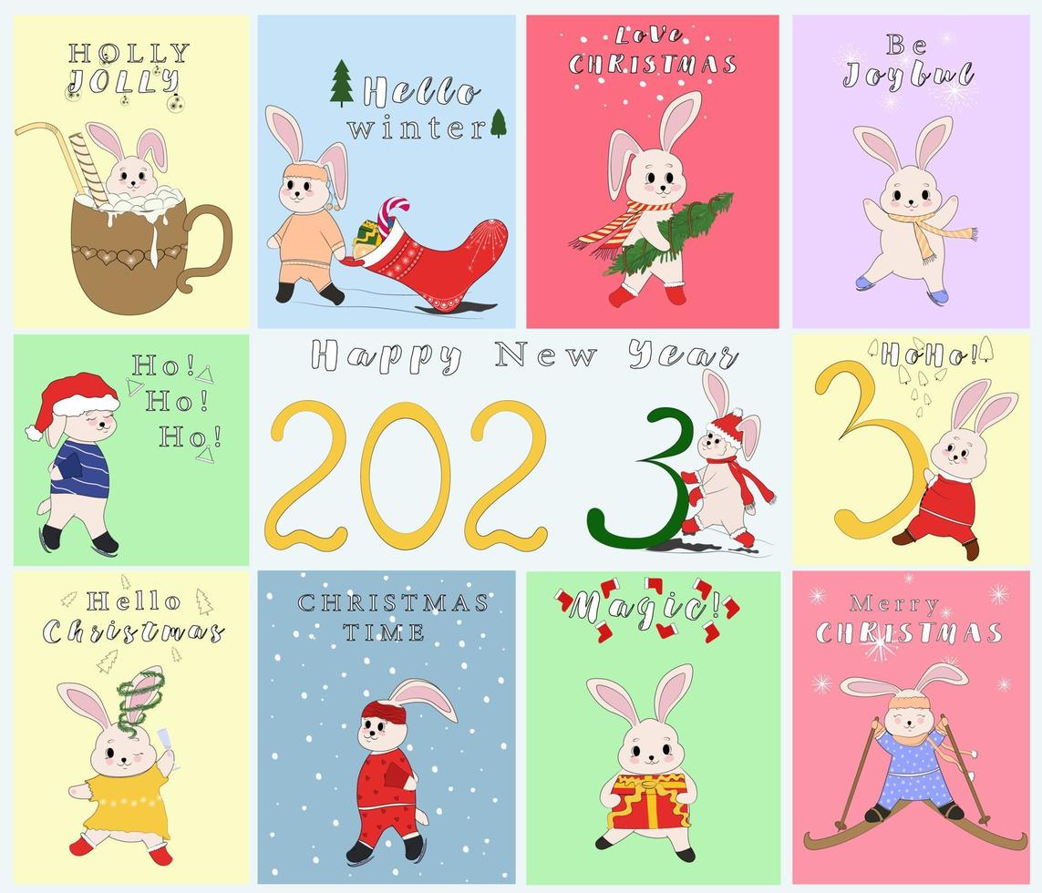 Set of New Year's rabbits. Collection of Christmas bunnies. 2023 is the year of the rabbit. Vector illustration