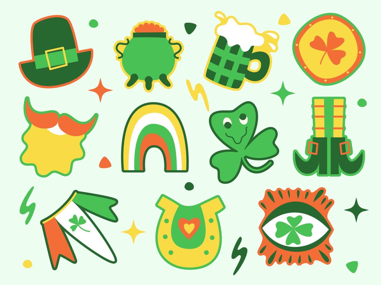 St Patrick's Day sticker set in doodle style. Cute Irish holiday symbols and boho elements collection. Trendy retro print. Flat vector template for logo, icon, labels, poster, greeting card.