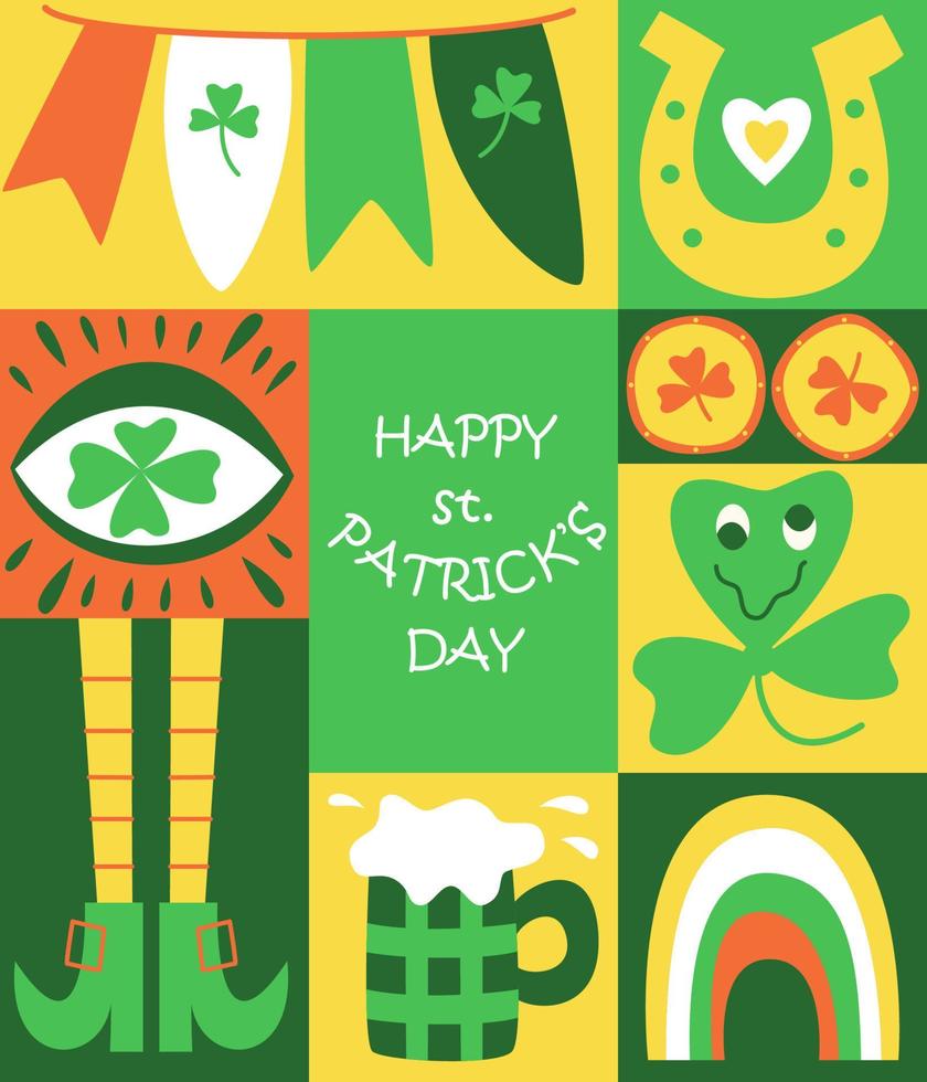 St Patrick's Day doodle greeting card. Trippy style. Fun Irish holiday celebration. Great for postcard, invitation, print, t-shirts, background, festive decor. Trendy y2k retro hippie print. Vector