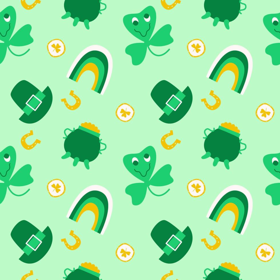 St Patrick's Day seamless doodle pattern. Celebration of Irish holiday, leprechaun clover, gold horseshoe, rainbow etc. Background for wrapping, textile, apparel. Trendy y2k retro hippie print. Vector
