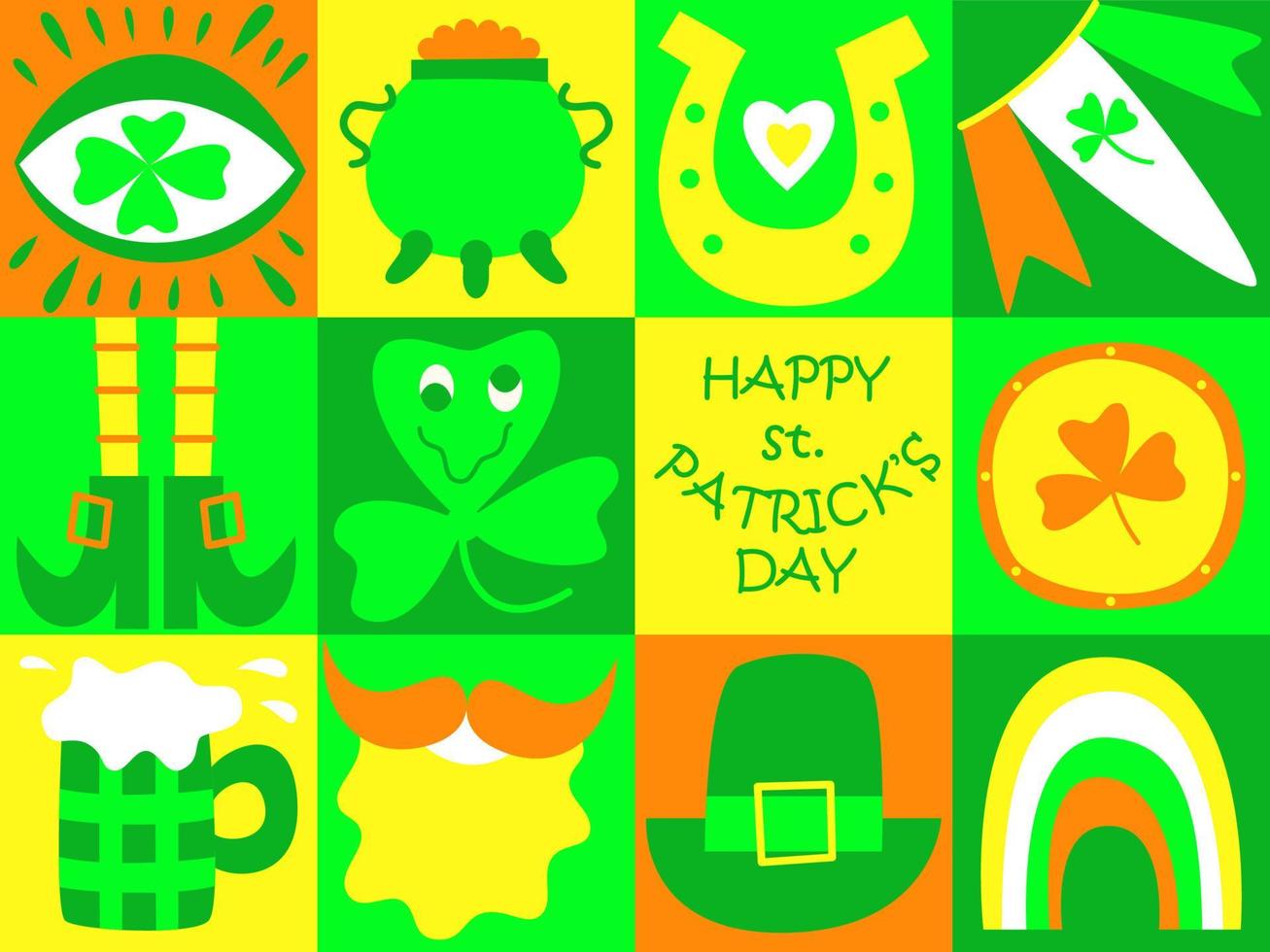 St Patrick's Day doodle poster. Trippy style. Fun Irish holiday celebration. Great for greeting card, invitation, print, t-shirts, background, festive decor. Trendy y2k retro hippie print. Flat vector