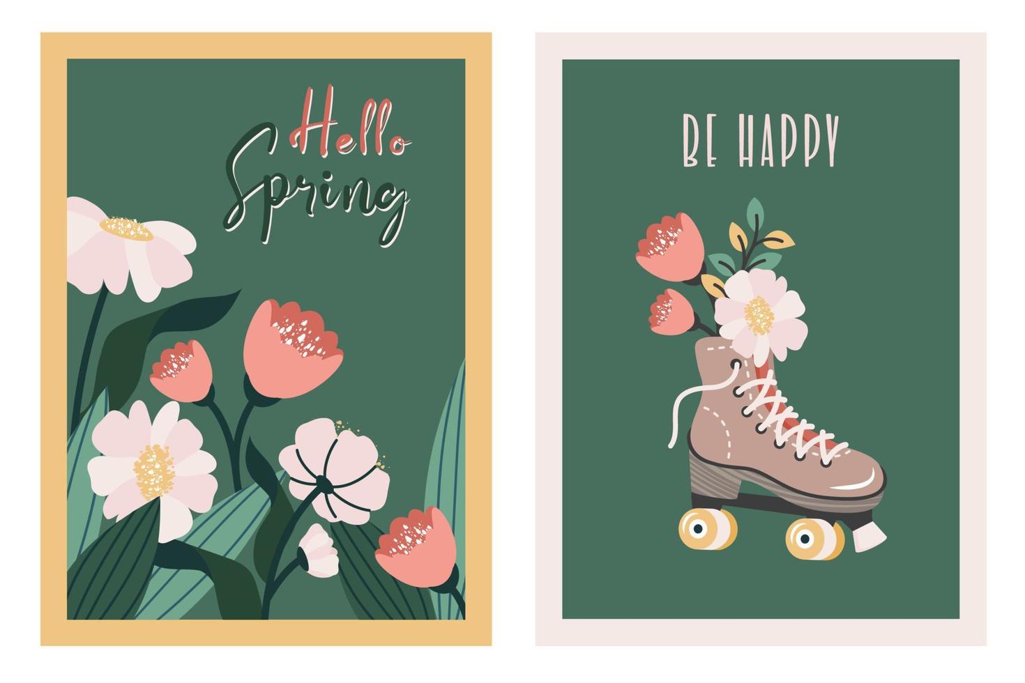 Set of Women's day greeting card. Retro Roller skate with bouquet of wildflowers, text, spring background, floral pattern. Vector flat Hand drawn illustration for March 8, birthday, Mother's day.