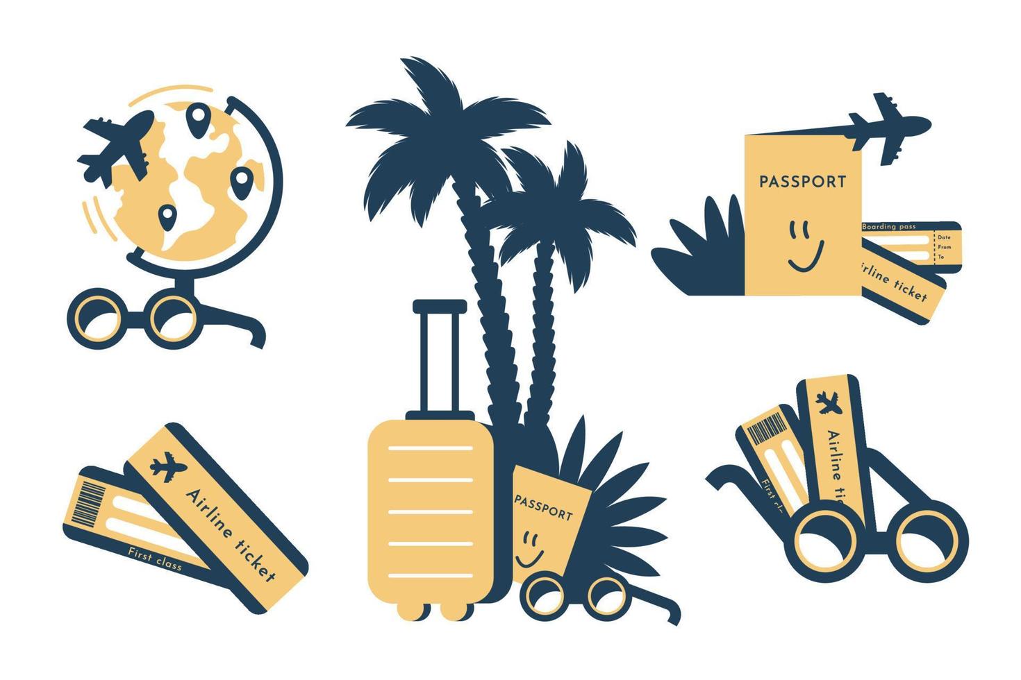 Collection of travel icon. Set of tourism template for web, promotional, advertising, journey agency. Trip labeles as plane ticket, passport, camera, palm, location symbol, sunglass, suitcase. Vector