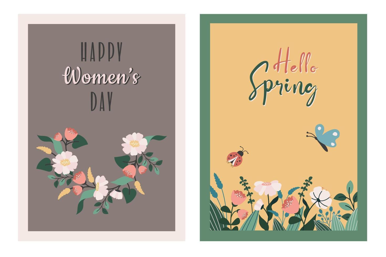 conjunto de De las mujeres día saludo tarjeta, marzo 8, cumpleaños, de la madre día. primavera antecedentes con flores, mariposa, mariquita, floral guirnalda. De las mujeres día póster. vector mano dibujado plano ilustración
