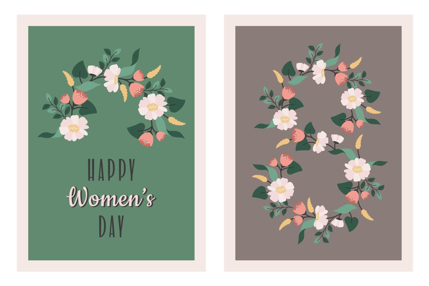 contento De las mujeres día. saludo tarjeta. conjunto de vertical floral carteles con flores silvestres, texto, primavera fondo, flor modelo. vector plano mano dibujado ilustración para marzo 8, cumpleaños, de la madre día.