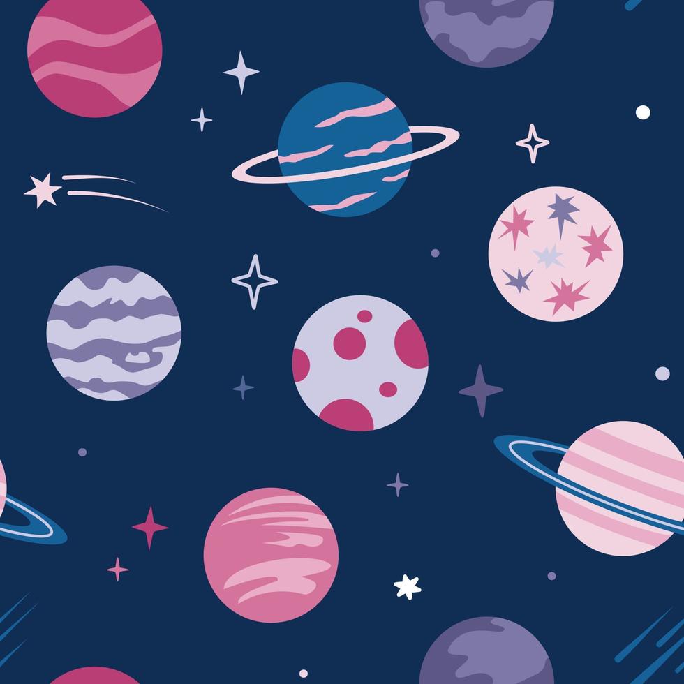 Seamless pattern with cute roses and lilac cartoon planets and stars on a dark blue background. Cosmic background. Vector illustration