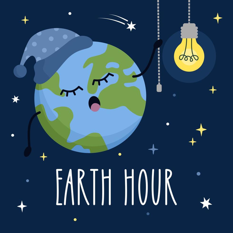 Earth hour day. Cute cartoon globe earth turns off the light bulb in space. Flat vector illustration.