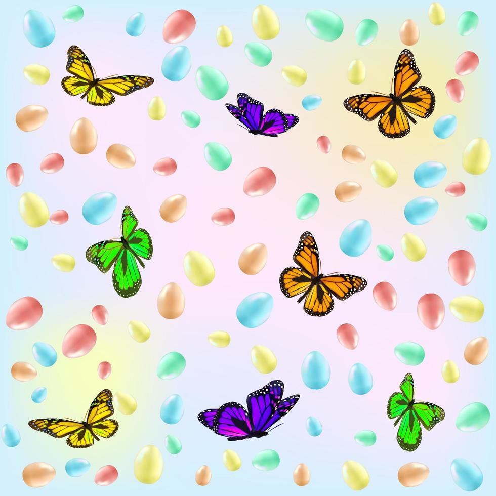 Pattern of many colorful Easter eggs and butterflies. The concept of the arrival of spring, Easter. Vector image