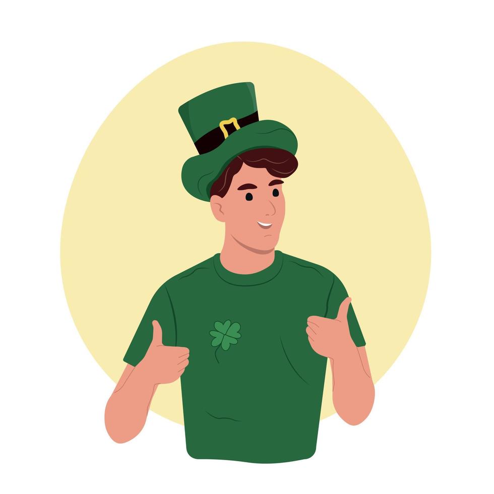 Happy St. Patrick's day. Young smiling Irish man celebrating and gesturing. Vector flat illustration isolated on white.