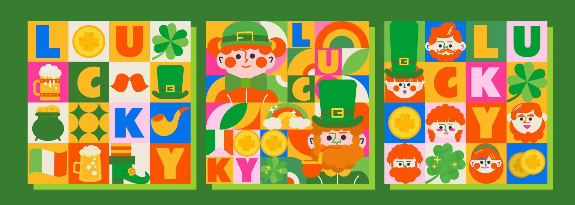 3 templates for St. Patrick's Day. Bright design, lots of festive elements, boys and girls in green, and leprechauns. This design will make your project interesting and noticeable. vector