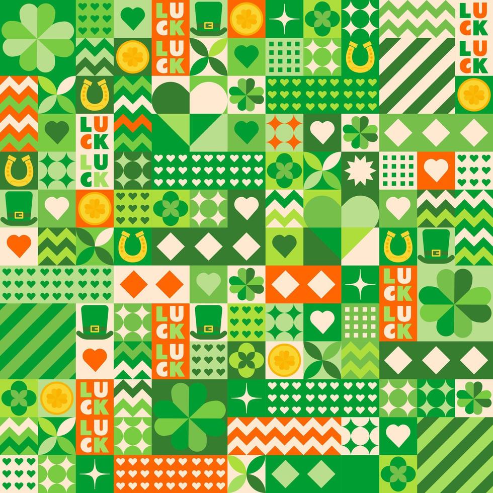 Pattern for St. Patrick's Day in mosaic style. Bright, modern, detailed with festive elements, horseshoe, good luck, shamrock, gold, leprechaun hat and lots and lots of shades of green. vector