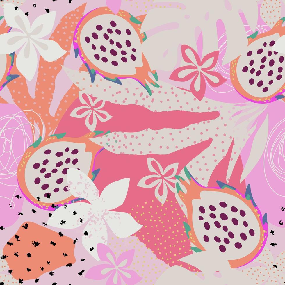 Seamless tropical pattern with dragon fruit on pink pastel background. vector