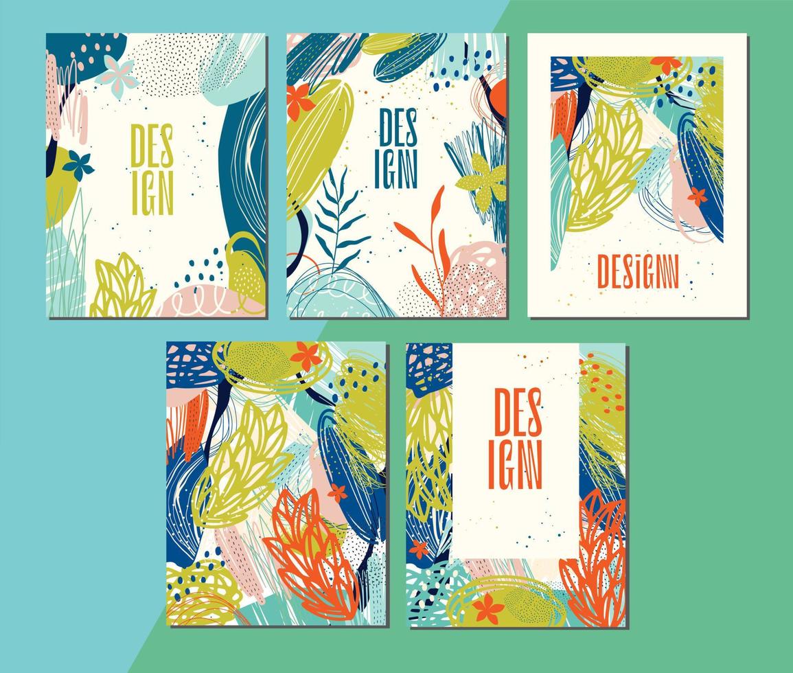 conjunto de cinco artístico, moderno, brillante, abstracto, y ligeramente exótico plantillas. adecuado para póster, volantes, invitación, cubrir, bandera, folleto, web diseño y más. vector ilustración.