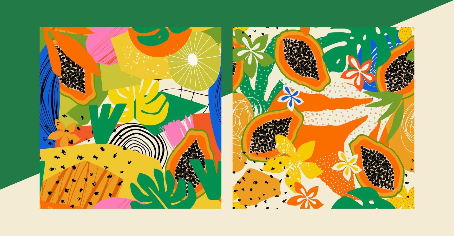 Tropical, exotic patterns with various shapes, papaya, simple elements, flowers and leaves. vector