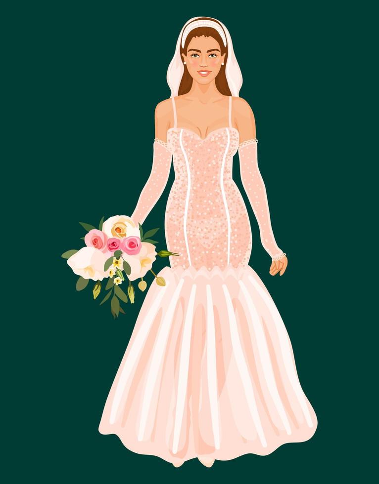 joven novia en largo cortar vestido con velo y Boda ramo de flores en mano. hermosa mujer en ceremonial blanco vestido, longitud total. vector