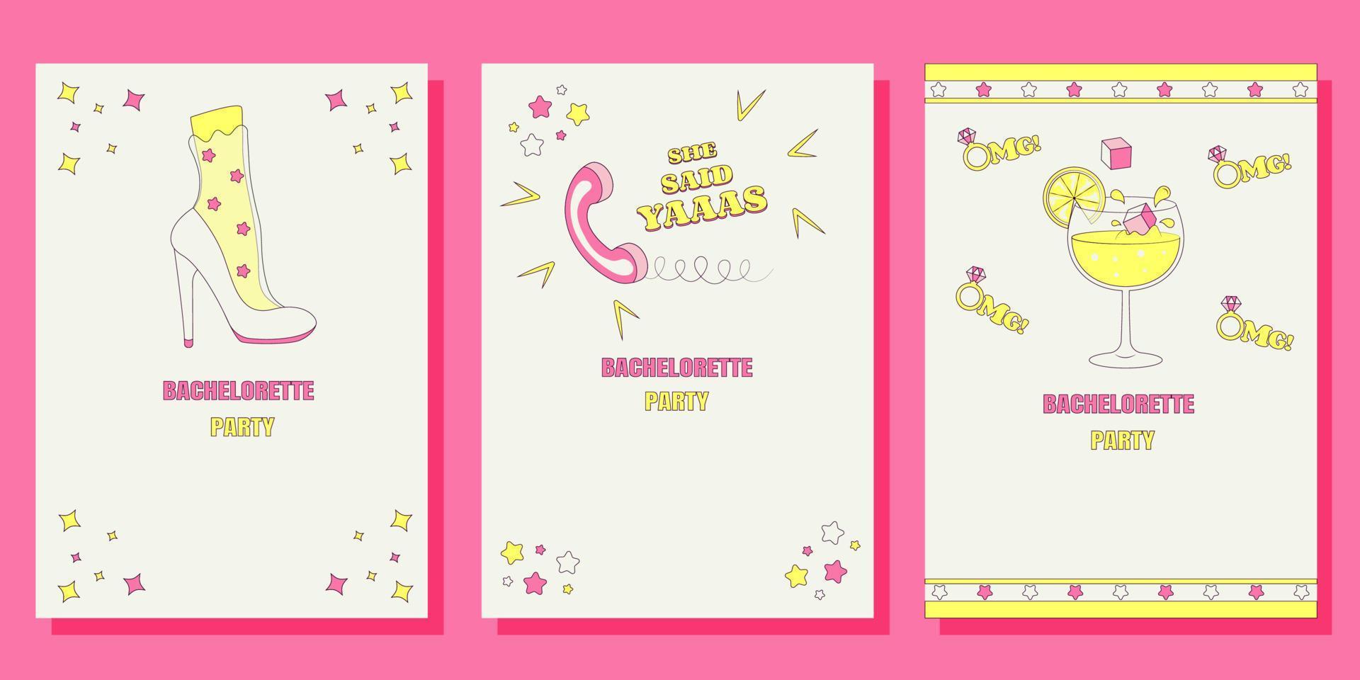 Set of Bridal shower invitation cards in retro groovy style Vintage bachelorette party invite Templates for your design vector
