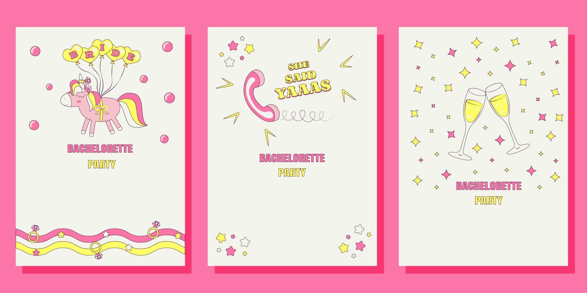 Set of Bridal shower invitation cards in retro groovy style Vintage bachelorette party invite Templates for your design vector