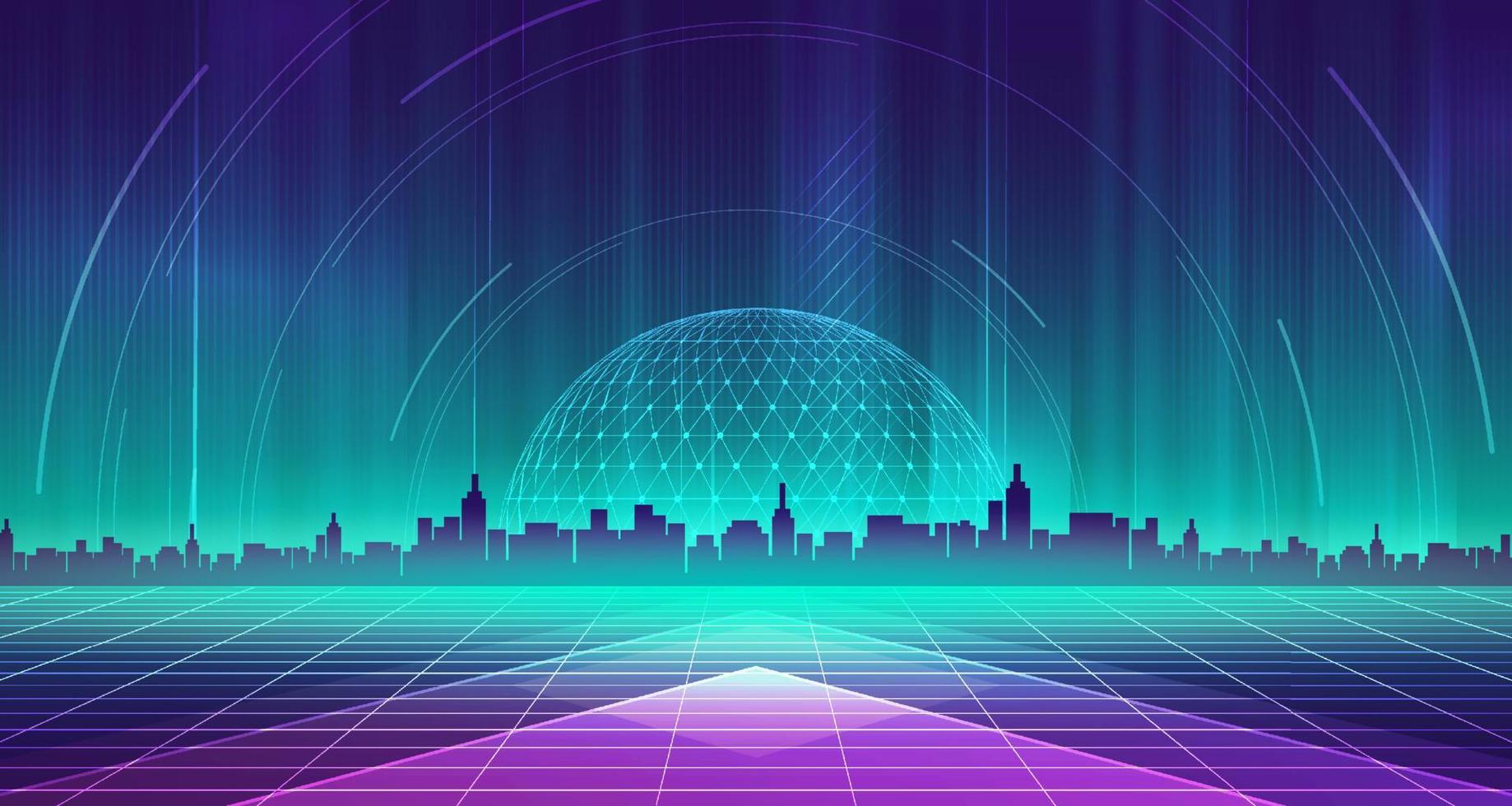 Digital technology city metaverse neon blue green background, abstract cyber communication, innovation future cyberpunk metropolis tech, internet network connection, Ai big data, town illustration 3d vector