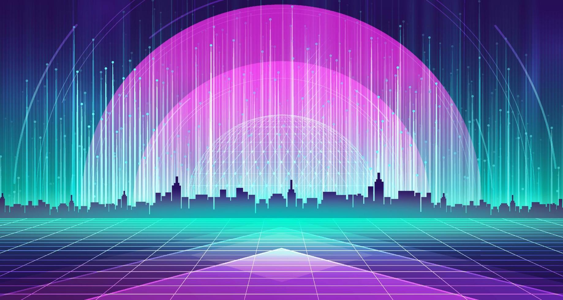 Digital technology city metaverse neon blue green background, abstract cyber communication, innovation future cyberpunk metropolis tech, internet network connection, Ai big data, town illustration 3d vector