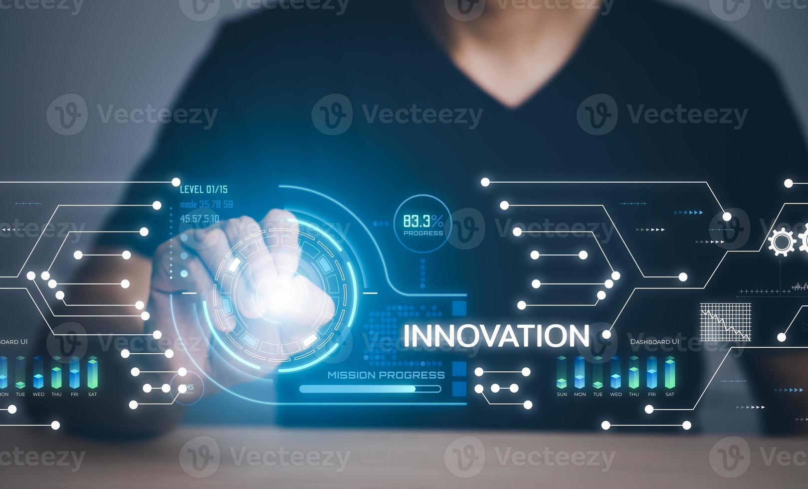 Innovation with Graphical User Interface Concept, businessman pointing on a virtual panoramic screen. Innovative ideas presented by management consultants on-screen, design, invention development photo