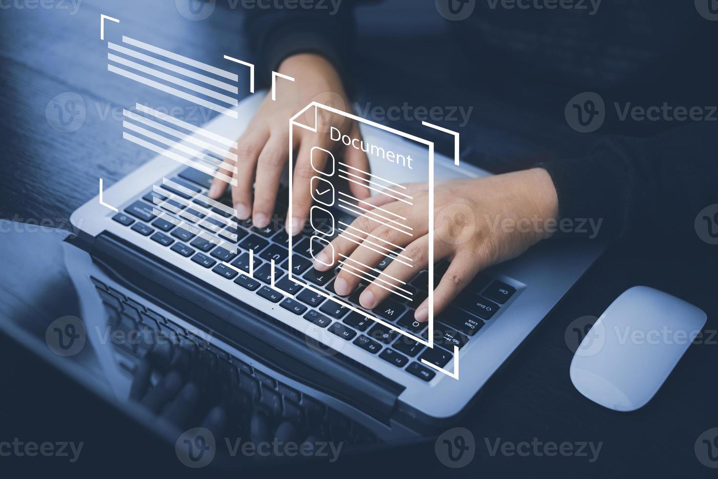 Hand using laptop and touch folder of document Management System, online documentation database and process automation to efficiently manage files work, knowledge, Corporate business technology, photo