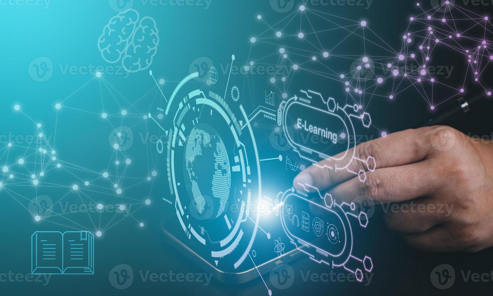 Concept E-learning education, Businessman hand touch Online Education icon on virtual screen. internet lessons and online webinar, online lessons on a digital screen.Education internet Technology. photo