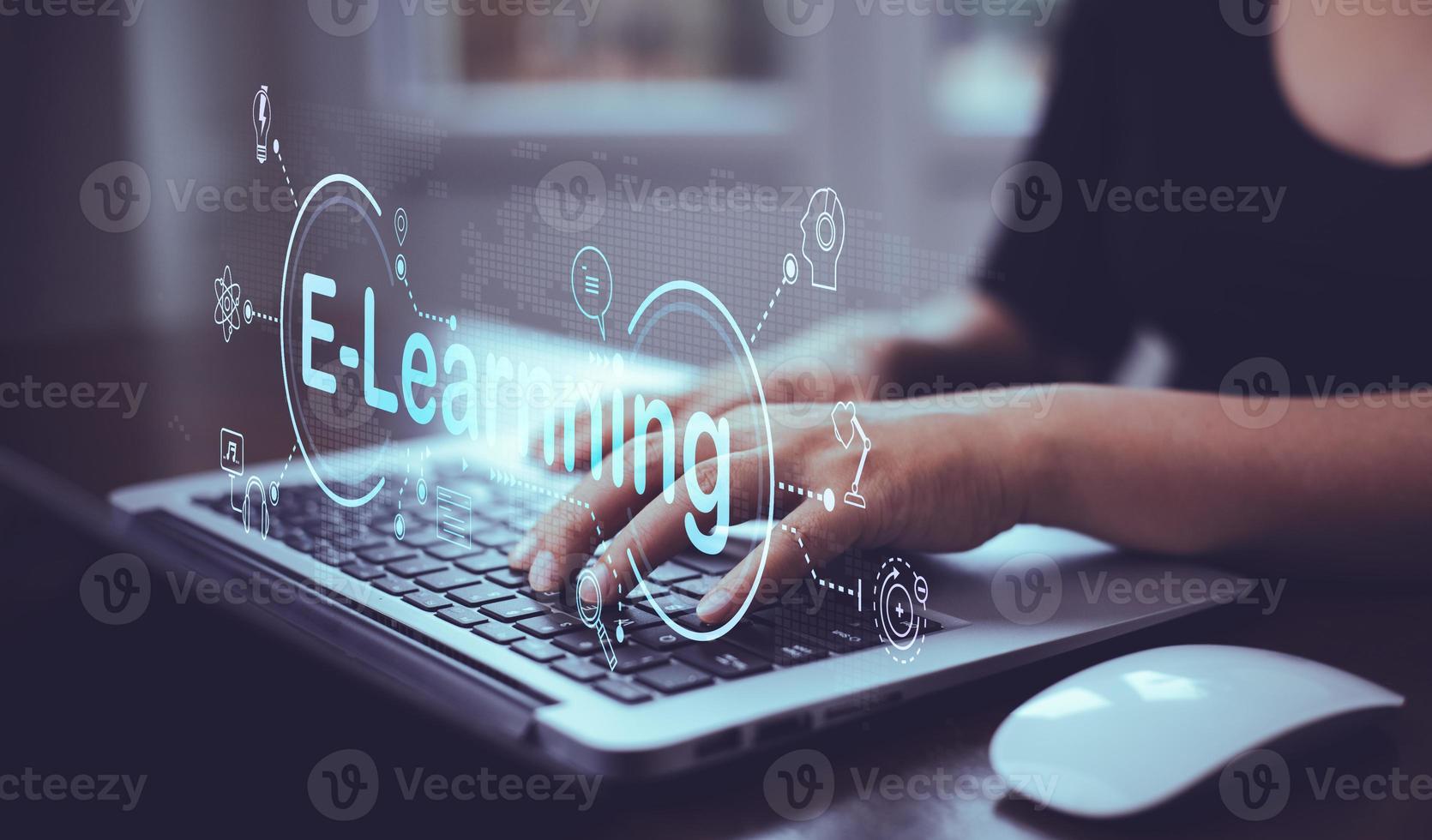 Concept E-learning education, Woman using laptop with Online Education icon on virtual screen. internet lessons and online webinar, online lessons on a digital screen.Education internet Technology. photo