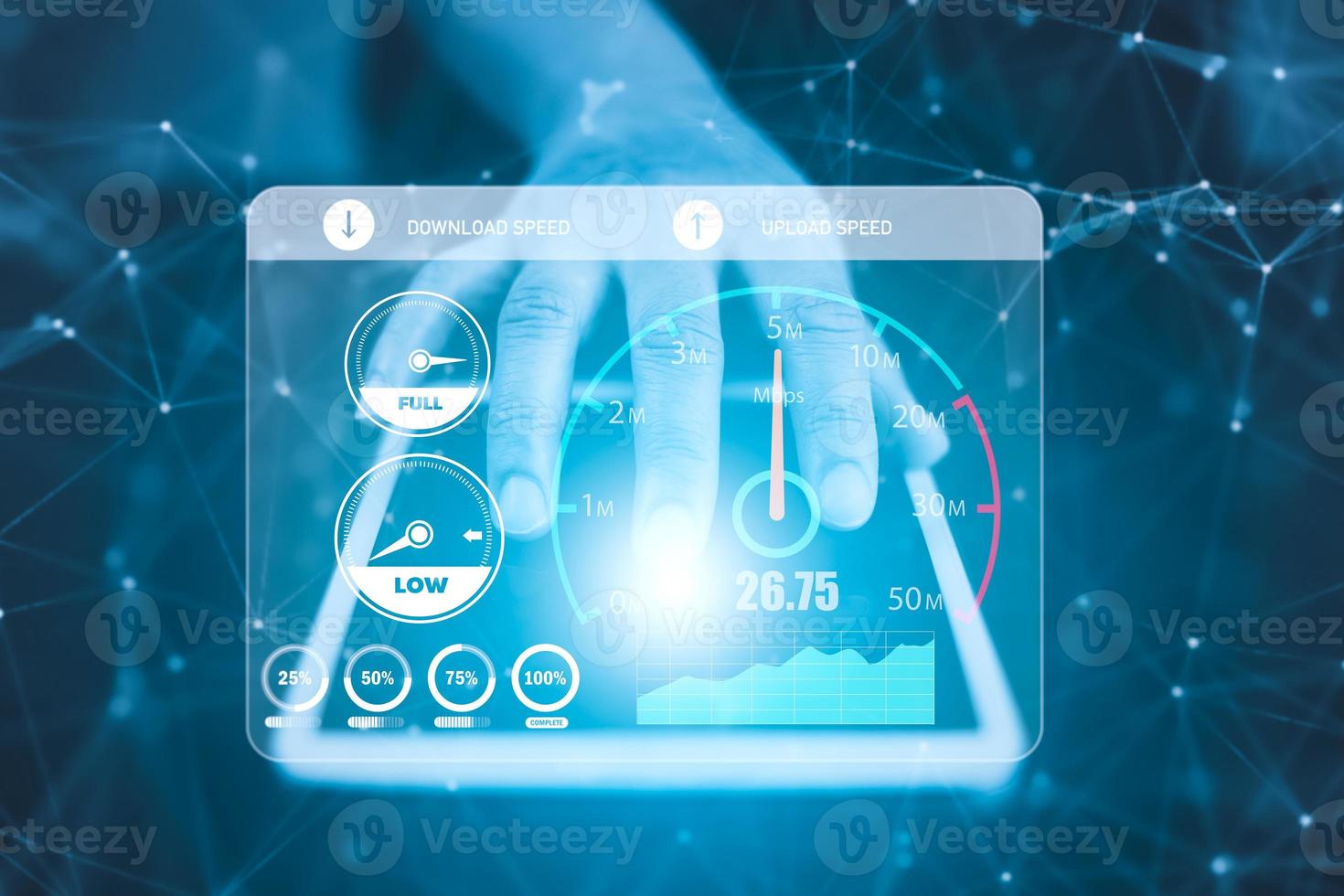 Fast internet connection with Metaverse technology concept, Hand holding smartphone and Virtual screen of Internet speed measurement,Internet and technology concept, 5G Hi speed internet concept photo