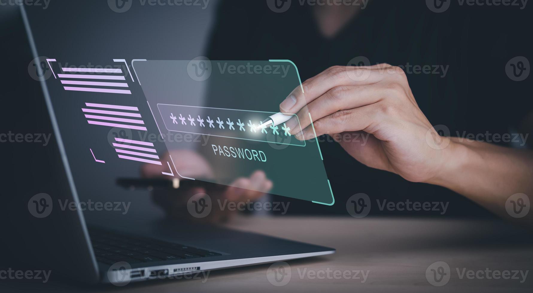 Hand pen touch Password with virtual global with cyber security, Login, User, identification information security and encryption, secure access to users personal information, secure Internet access, photo