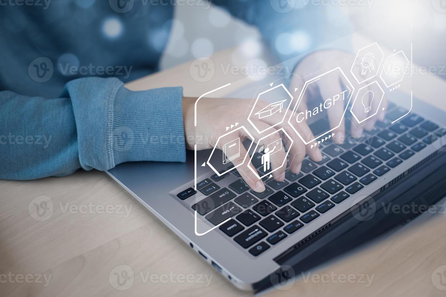 Businessman hold Laptop and touch Chat bot Chat with AI, Artificial Intelligence, System Artificial intelligence an artificial intelligence chatbot, Digital chatbot, Robot application, conversation photo