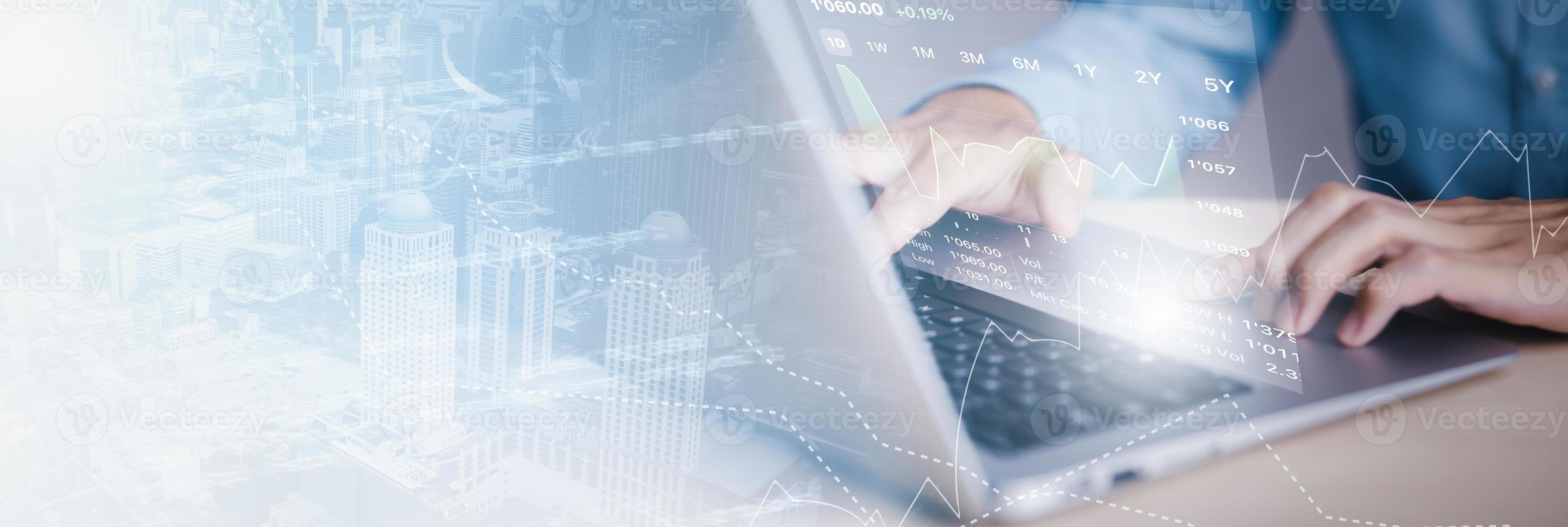 man using laptop with planning and strategy, Stock market, Business growth down, Concept of financial crisis, echnical price graph and indicator, red candlestick chart with analyzing forex trading. photo