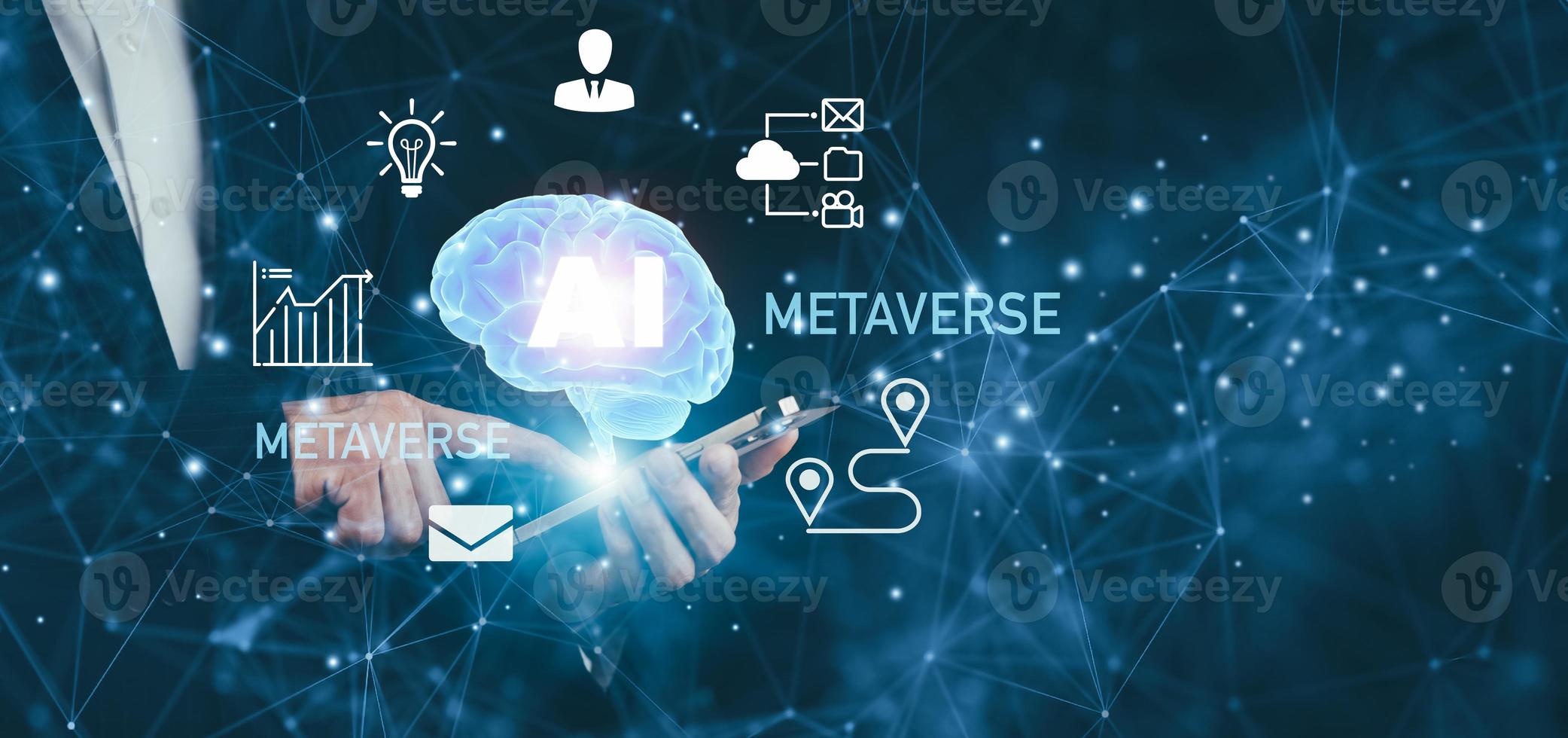 Businessman hold brain icon with Artificial Intelligence AI,on big data network machine learning and data on the dark background, artificial intelligence technology, innovation and futuristic. photo