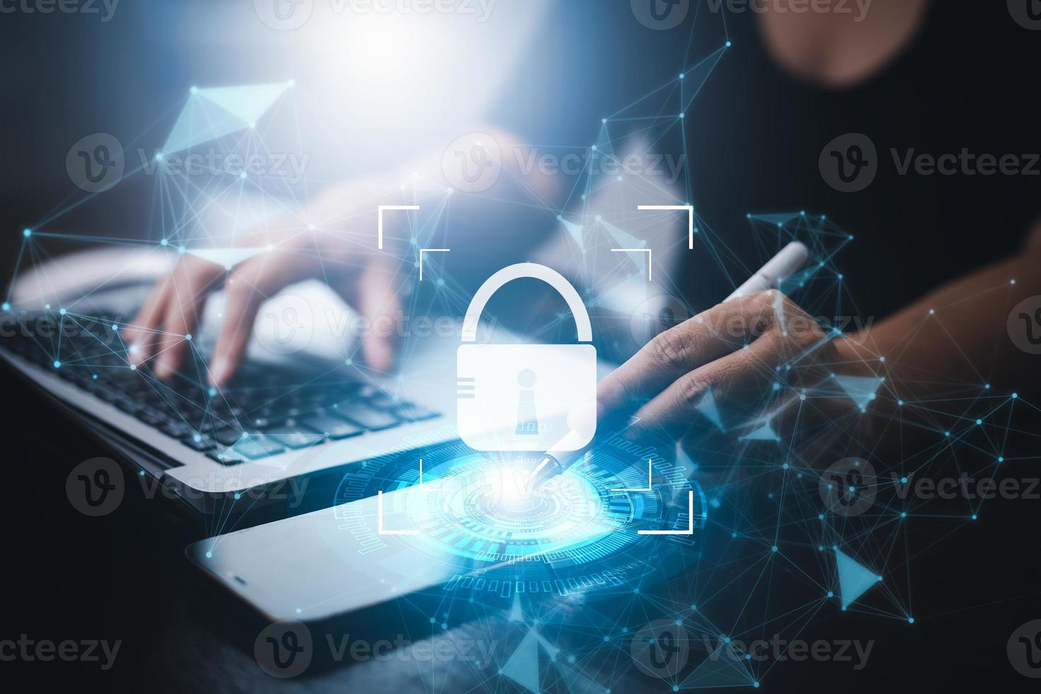 Security password login online concept, businessman using  finger scan and entering username and password of social media, log in with smartphone to an online bank account, data protection from hacker photo