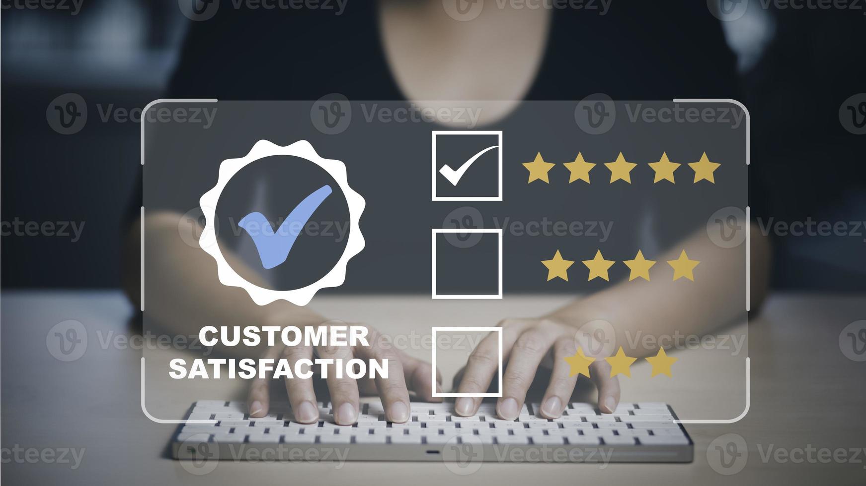 Woman Hand touch laptop with Customer review satisfaction feedback survey concept, User give rating to service experience on online application, service leading to reputation ranking of business. photo