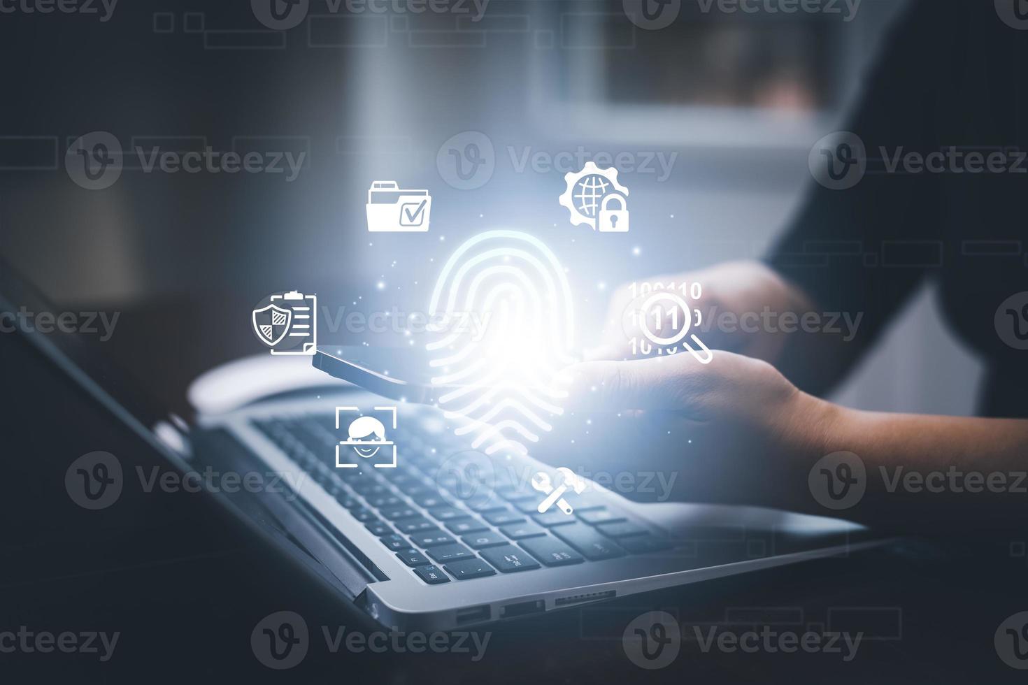 Hand touch fingerprint with virtual global with cyber security, Login, User, identification information security and encryption, secure access to users personal information, secure Internet access, photo