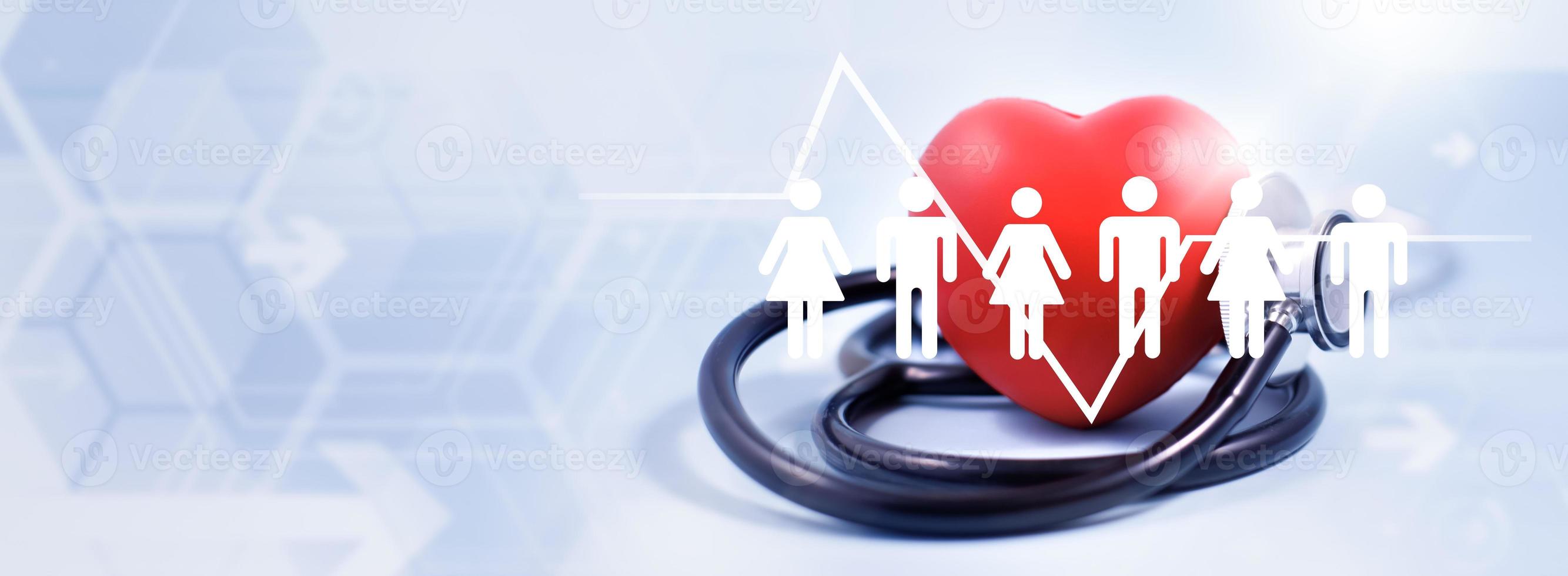 Concept stethoscope and red heart with Health insurance, doctor stethoscope and red heart check heart health care, instrument for checking heart on the white background represents exercise, isolated photo