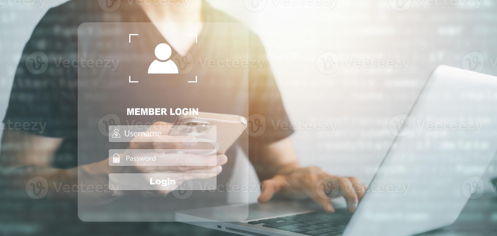 cyber security password login online concept Hands typing and entering username and password of social media, log in with smartphone to an online bank account, data protection from hacker photo