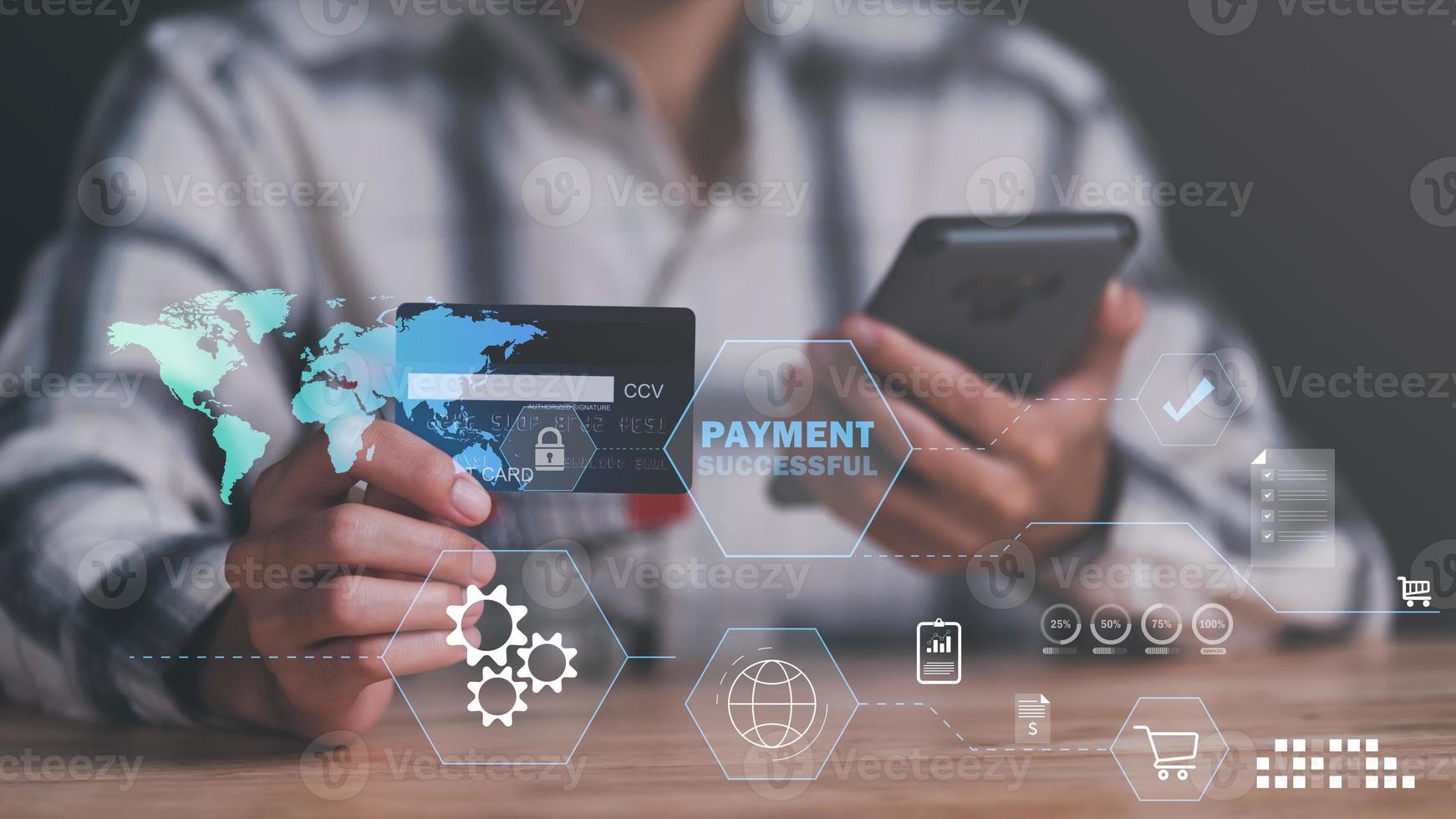successful payment customer through smart phones with modern technology,wallet app, banking and online shopping,Wireless financial transactions,Shopping service on The online web,Consumer society photo