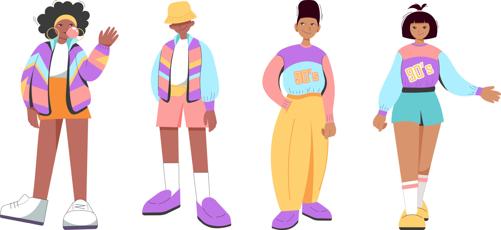 Flat retro design. Set of black people in 90's sports style. Black man