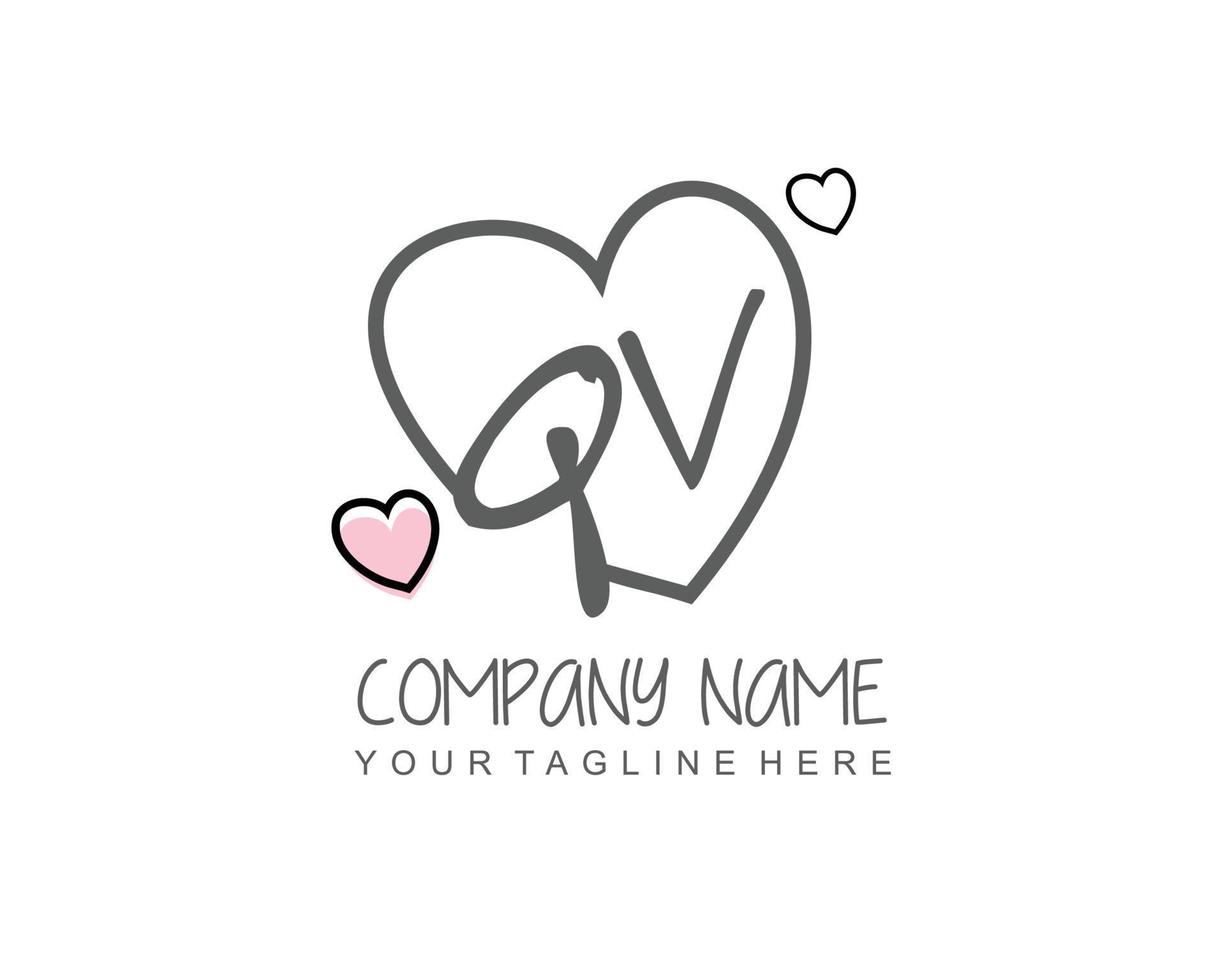 Initial QV with heart love logo template vector
